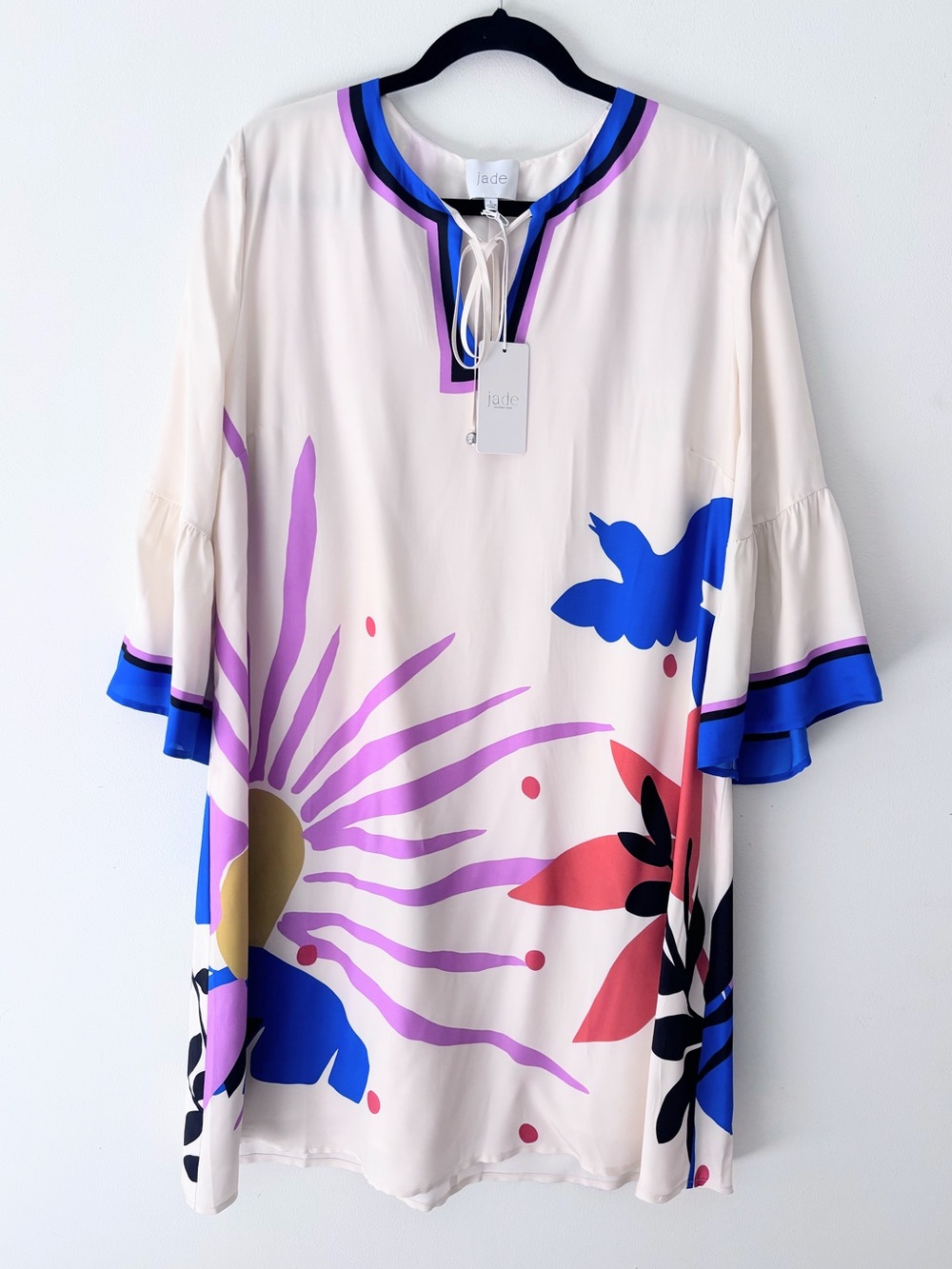 NWT Jade by Johnny Was Lorianne cream blue silk rayon graphic mini dress large
